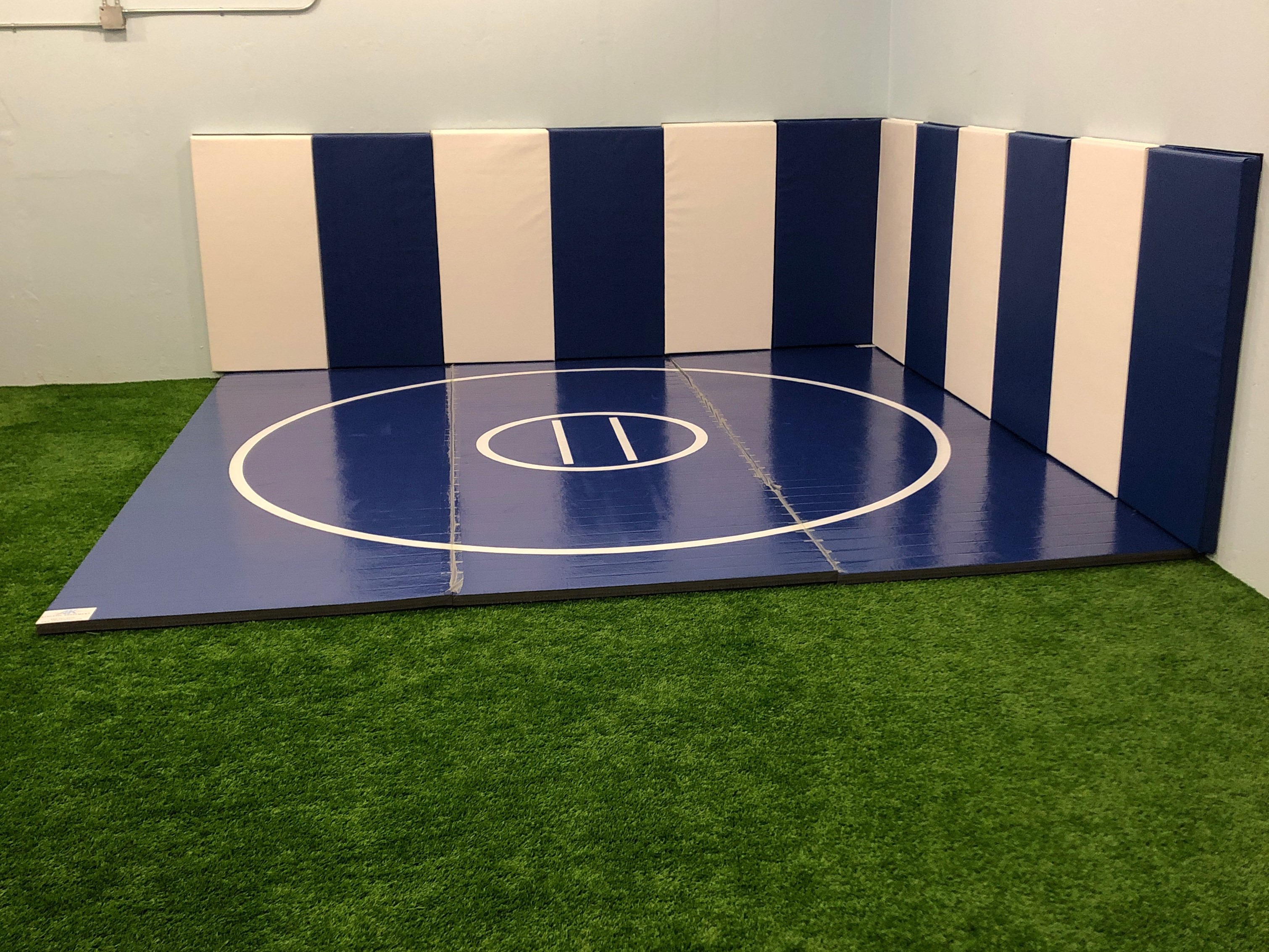 blue grappling mat with wall pads