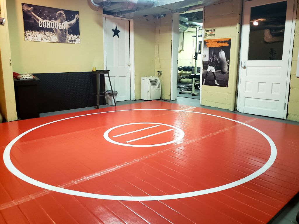 Red home wrestling mat, wrestling room, diy wrestling room